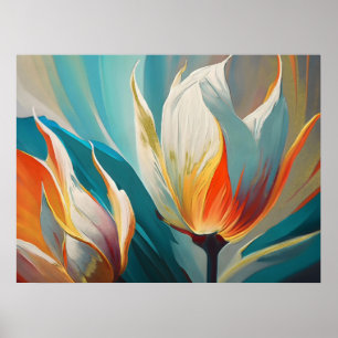 Poster Abstrait Floral Glow en Bleu sarcelle et Orange