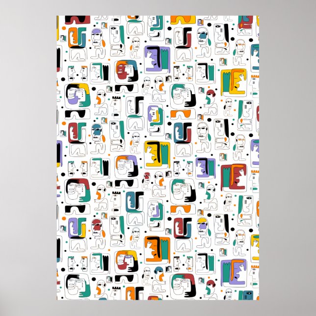 Poster Abstrait maya anciens visages motif 1 (Devant)