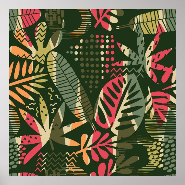 Poster Abstrait motif sans faille avec des feuilles tropi (Devant)