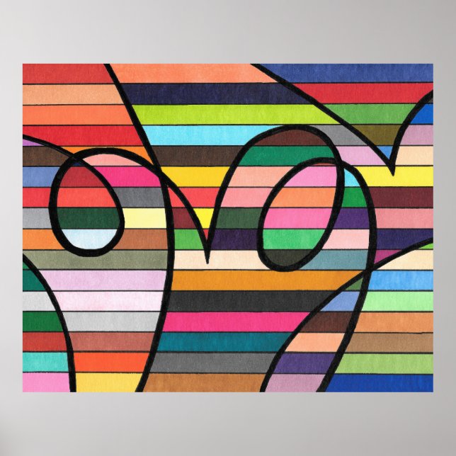 Poster Abstrait rayé vibrant avec des tourbillons noirs a (Devant)