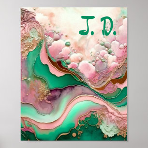 Poster Abstrait rose et Turquoise Verdigris 18e