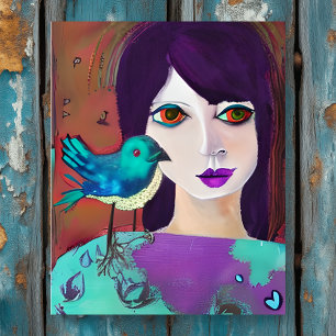 Poster Abstraite fille et oiseau pourpre et Turquoise