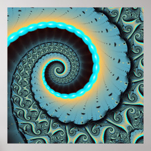 Poster Abstraite spirale d'art fractal bleu turquoise ora