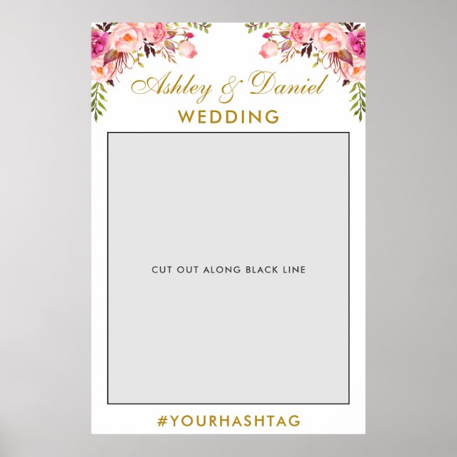 Poster Accessoire de Photobooth de Mariage | Fleurs Rose  (Devant)