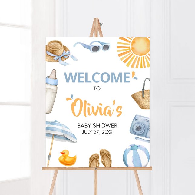 Poster Accueil Baby shower à éclaboussures bleues (Boy Summer Beach Baby Shower Welcome Sign)
