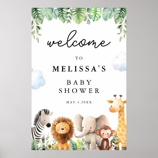 Poster Accueil Baby shower Animaux Safari mignons (Devant)