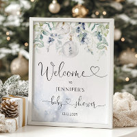 Accueil baby shower bleu eucalyptus d'hiver