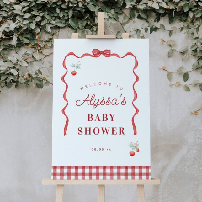 Poster Accueil Baby shower cerise et ruban rouge (Créateur téléchargé)