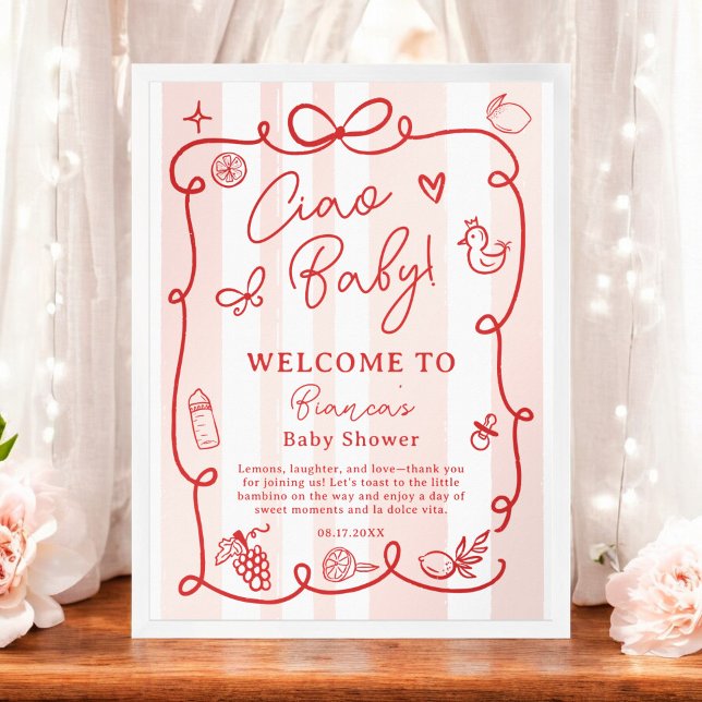 Poster Accueil Baby shower Ciao Citron Italien Red Retro (Red Retro Italian Lemon Ciao Baby Shower Welcome Poster)