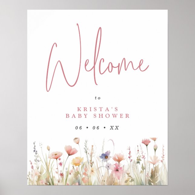 Poster Accueil Baby shower de fleurs sauvages roses et po (Devant)