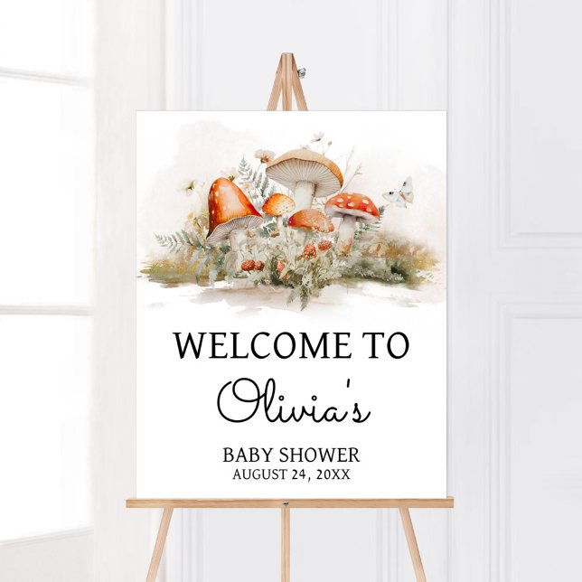 Poster Accueil Baby shower de la forêt de champignons enc (Enchanted Mushroom Baby Shower Welcome Sign)