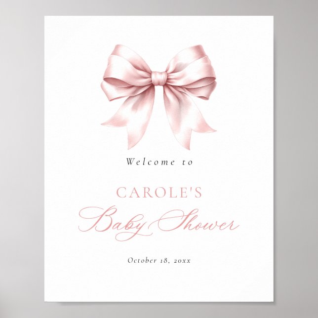 Poster Accueil Baby shower élégant Bow rose pâle (Devant)