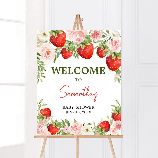 Poster Accueil Baby shower fraise (Pink Floral Strawberry Baby Shower Welcome Sign)