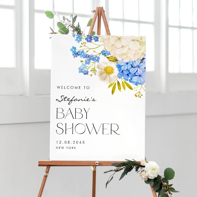 Poster Accueil Baby shower Hydrangeas Bleu et Blanc (Créateur téléchargé)
