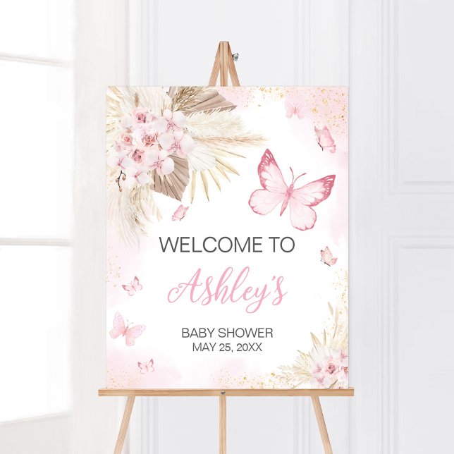 Poster Accueil Baby shower papillon rose (Girl Butterfly Pampas Grass Baby Shower Welcome Sign)