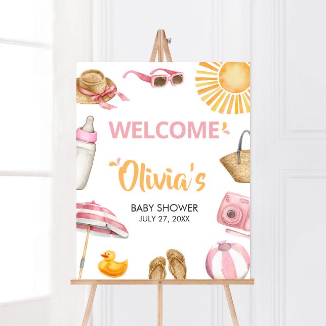 Poster Accueil Baby shower Pink Splish (Girl Summer Beach Baby Shower Welcome Sign)