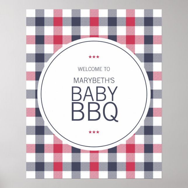 Poster Accueil Baby shower préppy rouge blanc et bleu pla (Devant)
