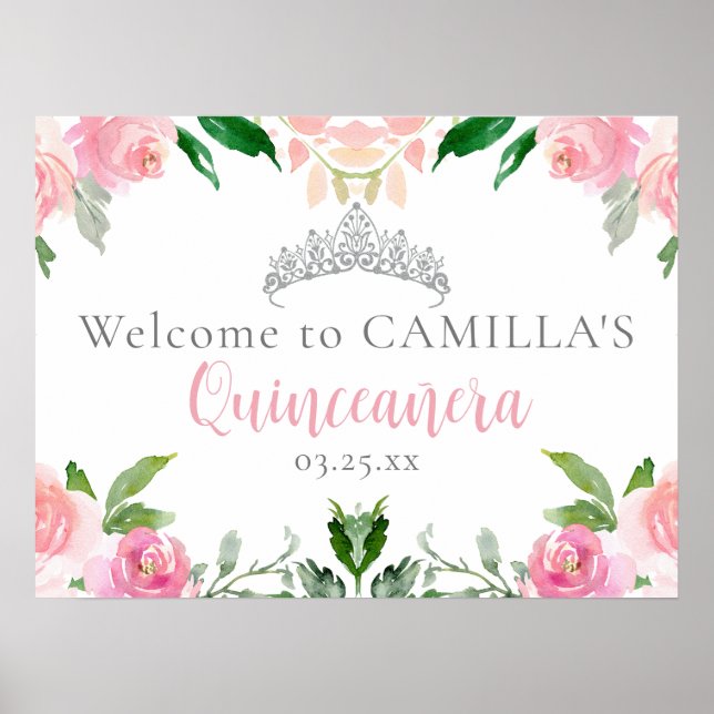 Poster Accueil Chic Pink Floral Quinceañera (Devant)