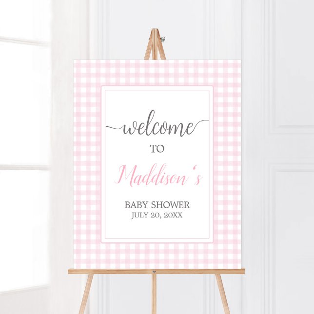 Poster Accueil classique En vichy Baby shower rose (Girl Gingham Baby Shower Welcome Sign)