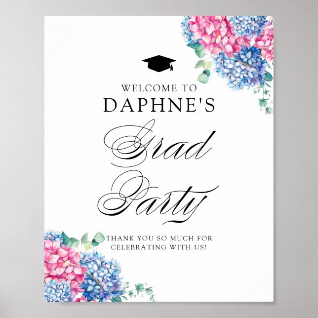 Poster Accueil de la fête de graduation rose et bleu Hydr (Devant)