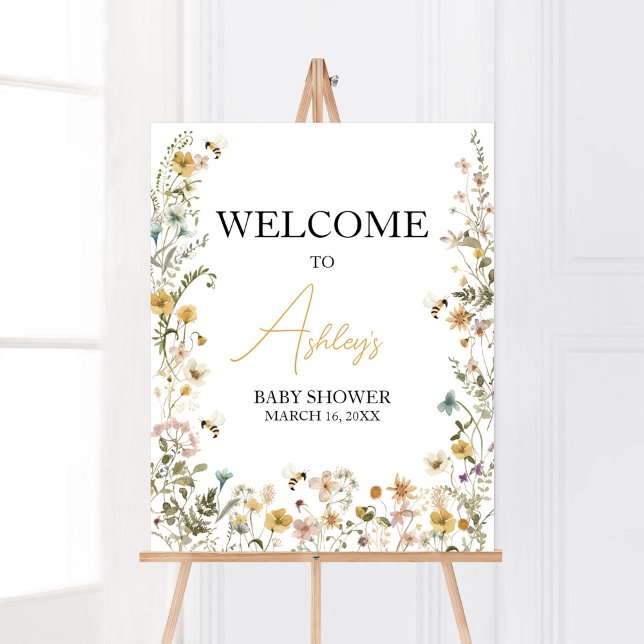 Poster Accueil de maman à Bee Fleur sauvage Baby shower B (Mom to Bee Gender Neutral Baby Shower Welcome Sign)
