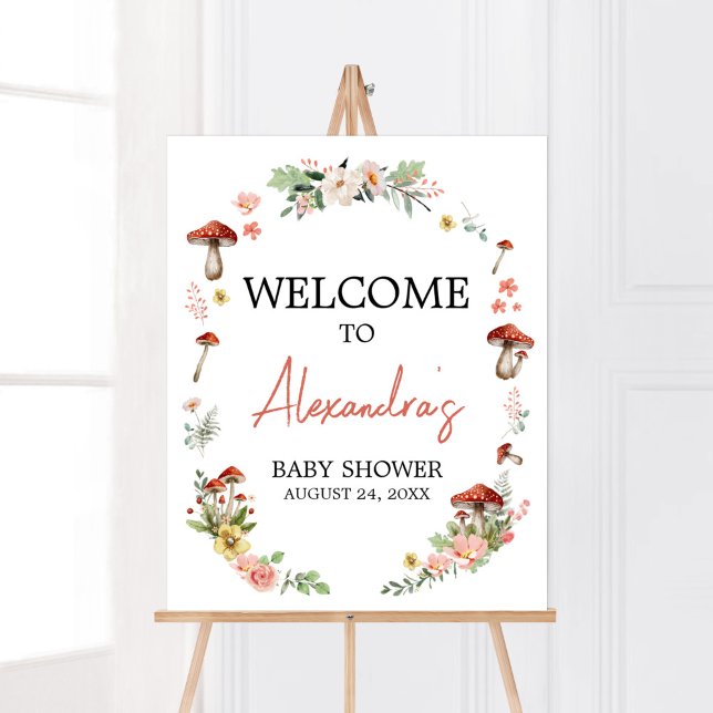 Poster Accueil du Baby shower de champignons Fleurs sauva (Enchanted Mushroom Baby Shower Welcome Sign)