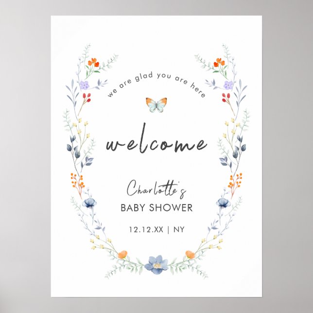 Poster Accueil du Baby shower Fleur sauvage Boho Butfly (Devant)