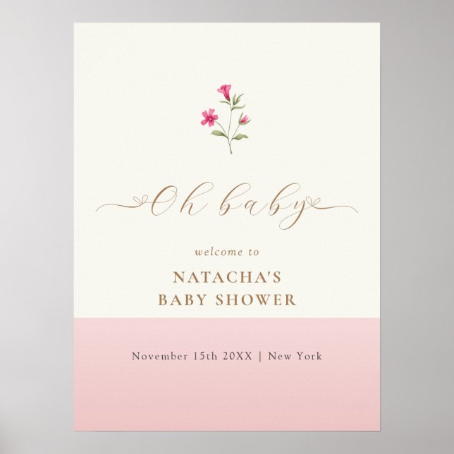 Poster Accueil du Baby shower Fleur sauvage rose minimal (Devant)
