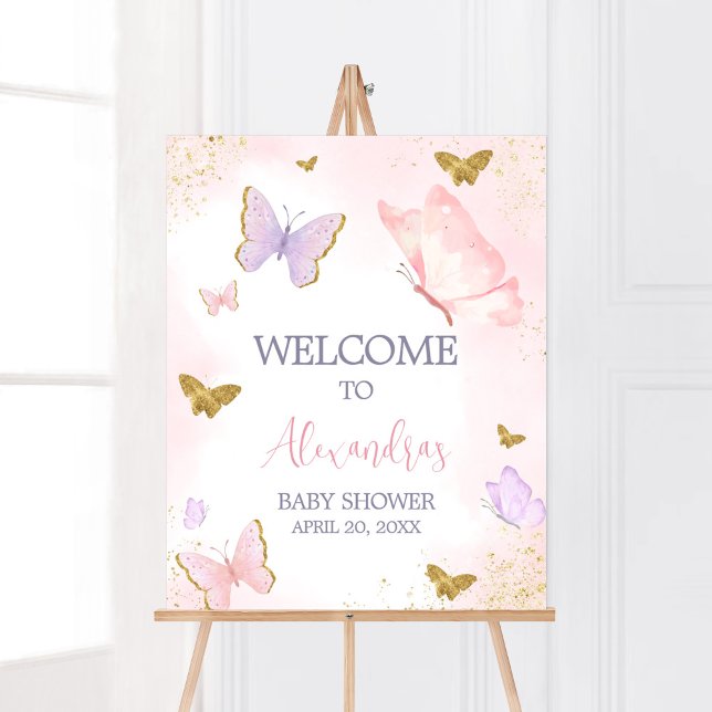 Poster Accueil du papillon rose or (Purple Gold Butterfly Baby Shower Welcome Sign)