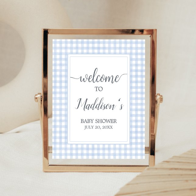 Poster Accueil En vichy bleu classique (Boy Gingham Baby Shower Welcome Sign)