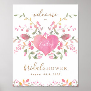 Poster Accueil Fête des mariées Coeur et Fleurs roses