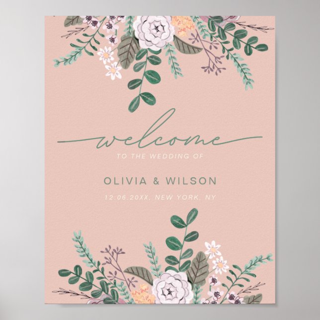 Poster Accueil mariage à l'eucalyptus rose floral (Devant)
