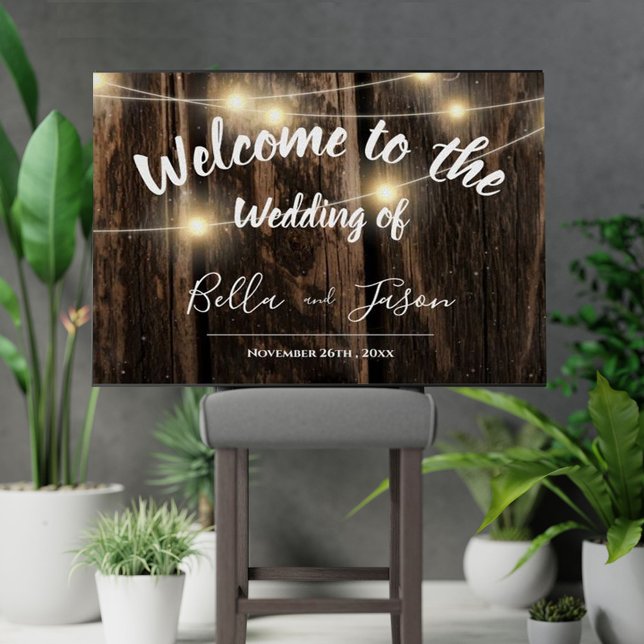 Poster Accueil Mariage campagnard Rustique à cordes de bo (Rustic Wood String Lights Country Wedding Welcome Poster)