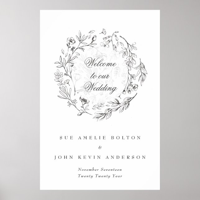 Poster Accueil Mariage classique de fleurs botaniques (Devant)