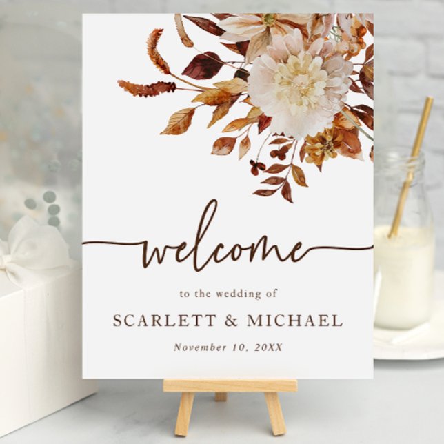 Poster Accueil Mariage de automne élégant (Autumn Floral Table Top Welcome Sign by Painted Paperie)