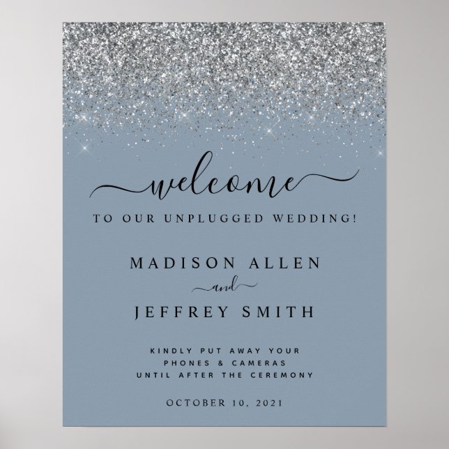 Poster Accueil Mariage débranché bleu et argent Dusty (Devant)