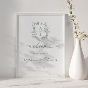 Poster Accueil Mariage Monogram Sage Vert classique