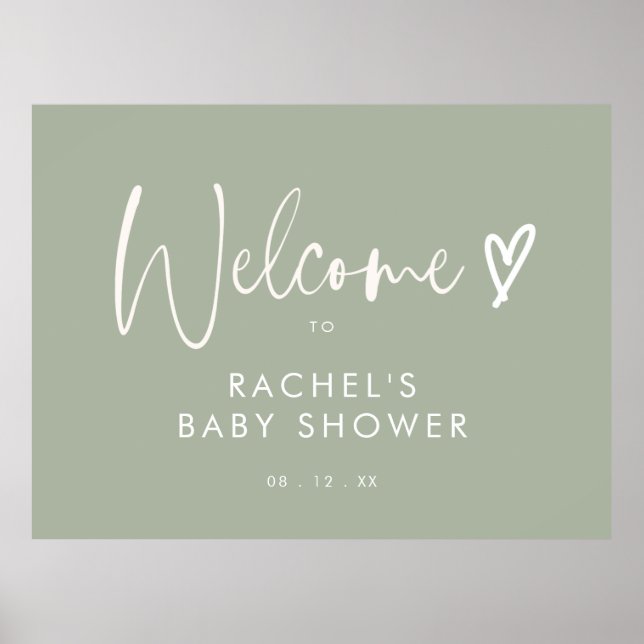 Poster Accueil minimaliste Baby shower Coeur Vert Sage (Devant)