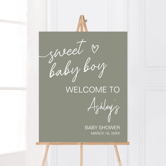 Poster Accueil minimaliste Sage Green Boho (Sweet Baby Boy Boho Baby Shower Welcome Sign)