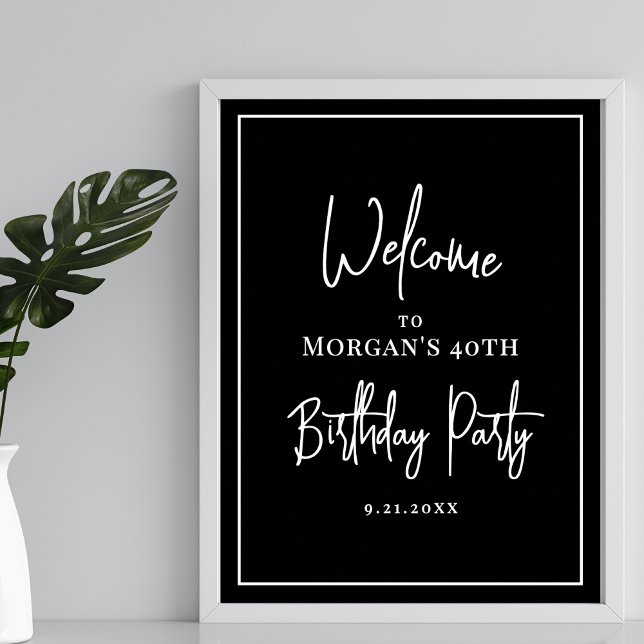 Poster Accueil pour la fête d'anniversaire Noir Blanc mod (Modern Black White Birthday Party Welcome Poster)