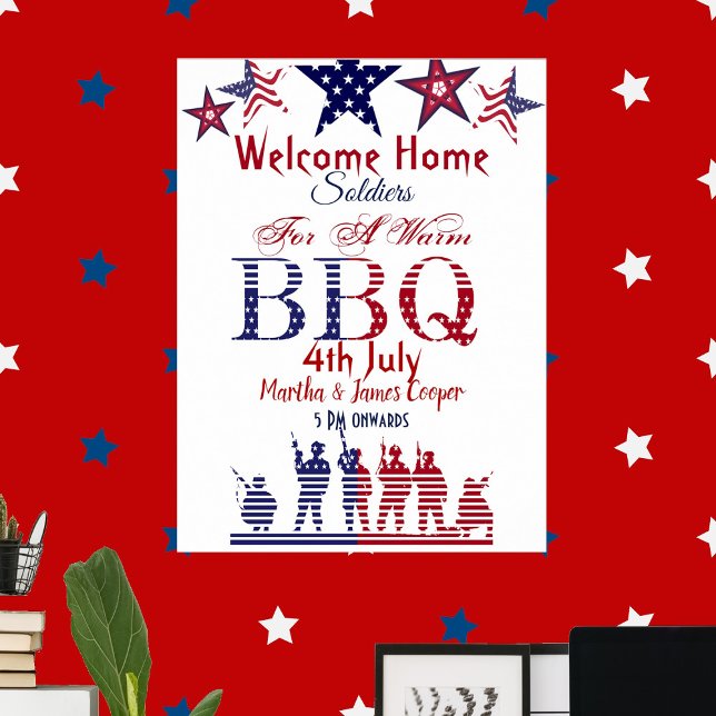 Poster Accueil Soldats 4 juillet BBQ Red Blue Stars (Welcome Home Soldiers 4th July BBQ Red Blue Stars Poster)