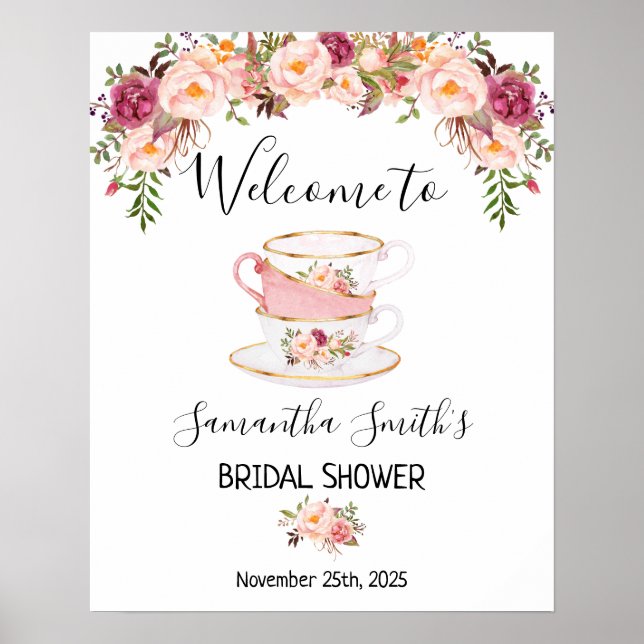 Poster Accueil Tea nuptiale douche signe floral rose (Devant)