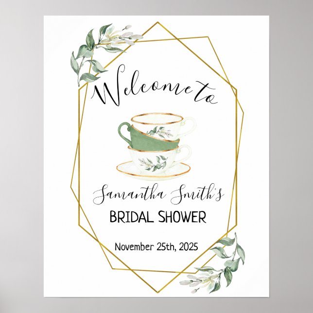 Poster Accueil Tea nuptiale douche verte cadre or panneau (Devant)