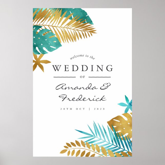 Poster Accueil turquoise et Gold Tropical Mariage (Devant)