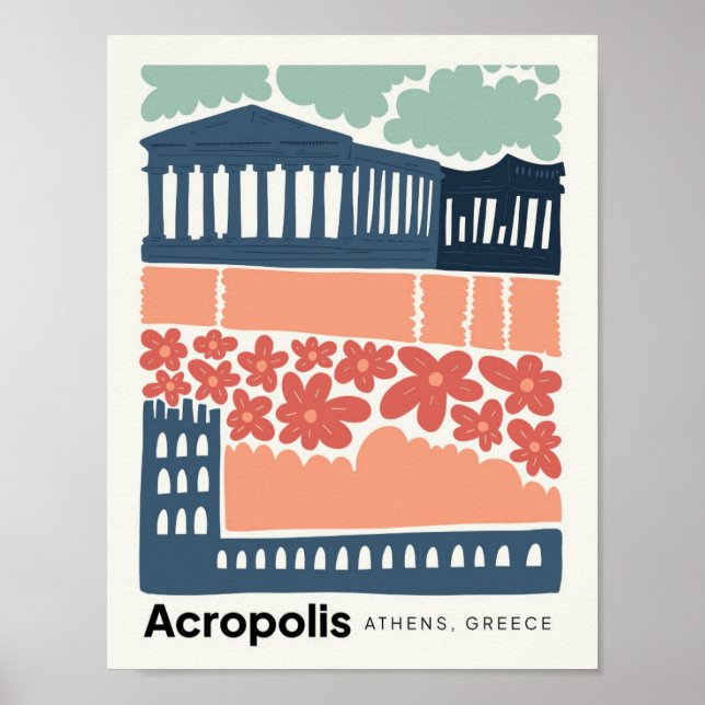 Poster Acropole Athènes Grèce Voyage abstrait art floral (Devant)
