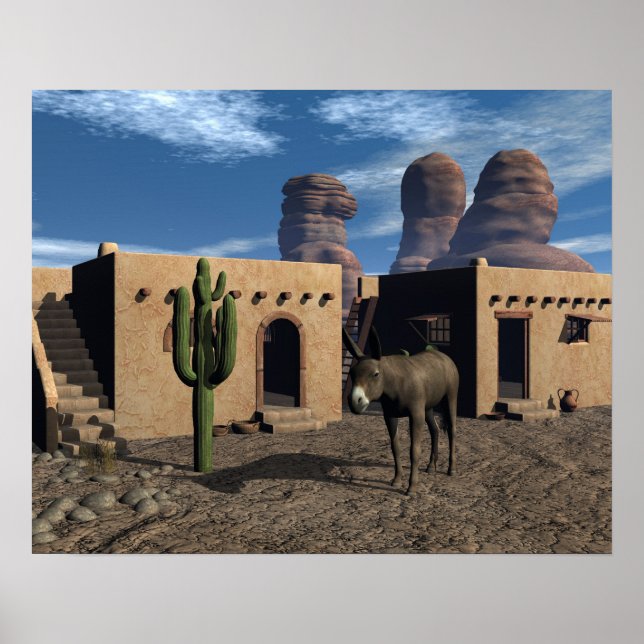 Poster Adobe Dwellings et Burro (Devant)