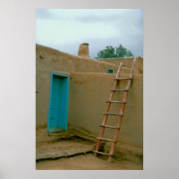 Adobe Pueblo Taos Porte Bleue Et Échelle