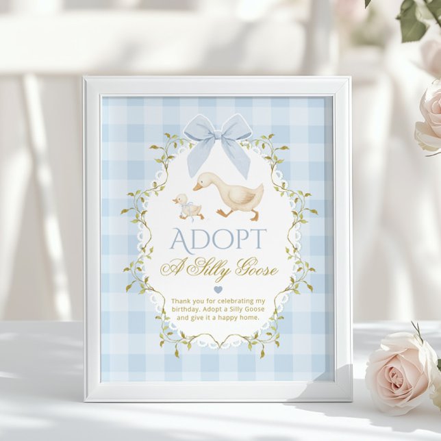 Poster Adopt A Silly Goose Blue Gingham 1st Birthday (Créateur téléchargé)