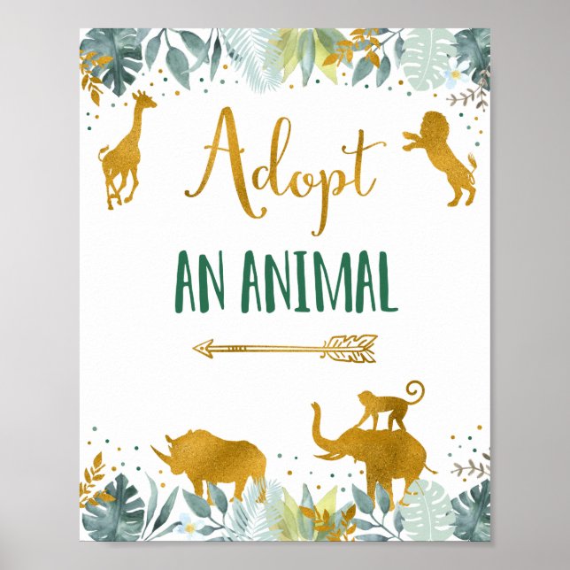 Poster Adopter un animal vert Gold Safari signe d'anniver (Devant)