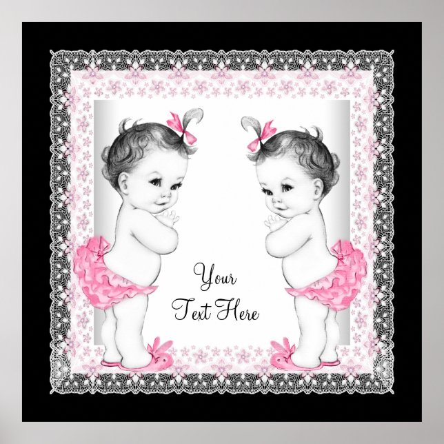 Poster Adorable Baby shower bébé rose jumeau fille (Devant)